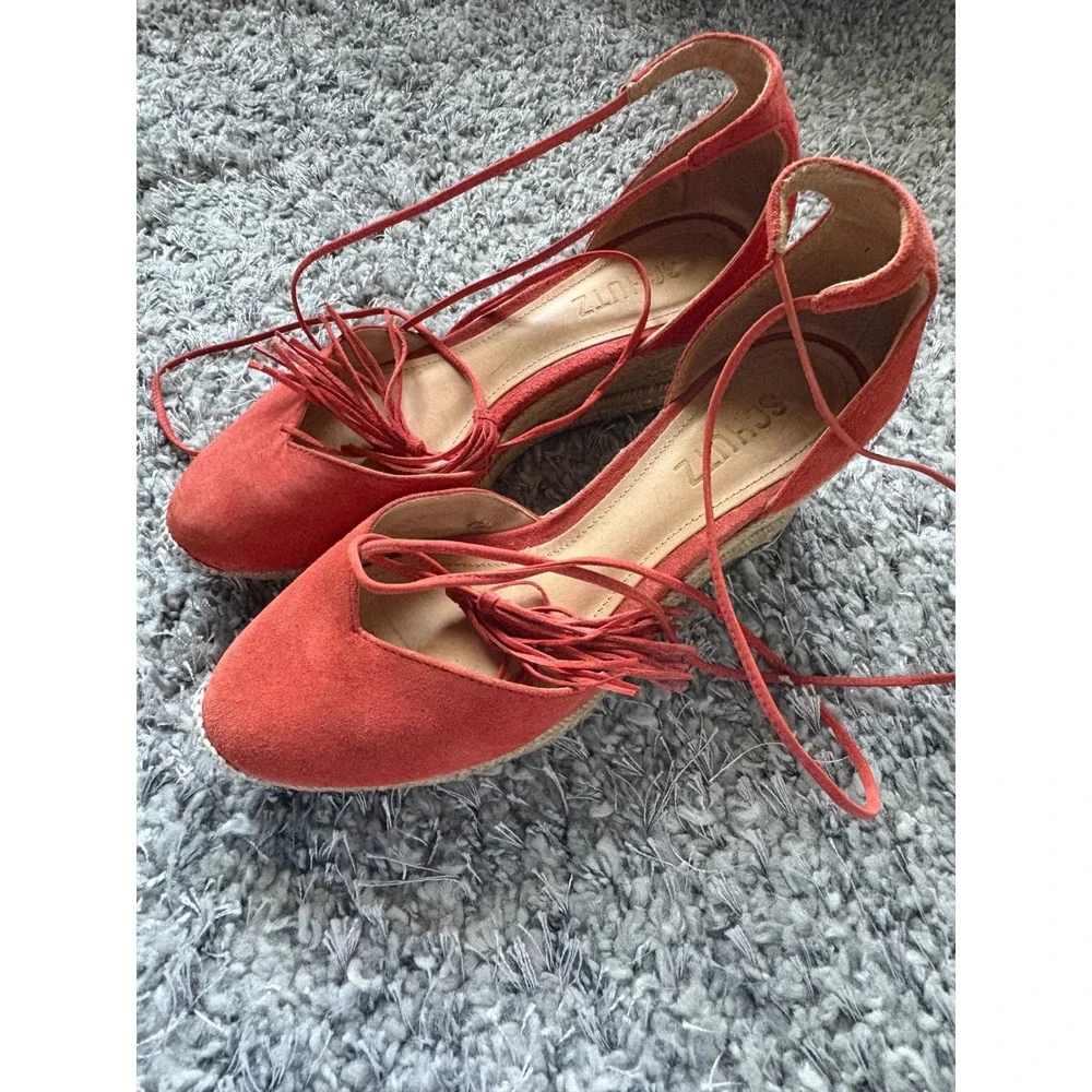 Schutz Red Suede Lace‎ Up Tassel Espadrille Wedges Size 38 EUR